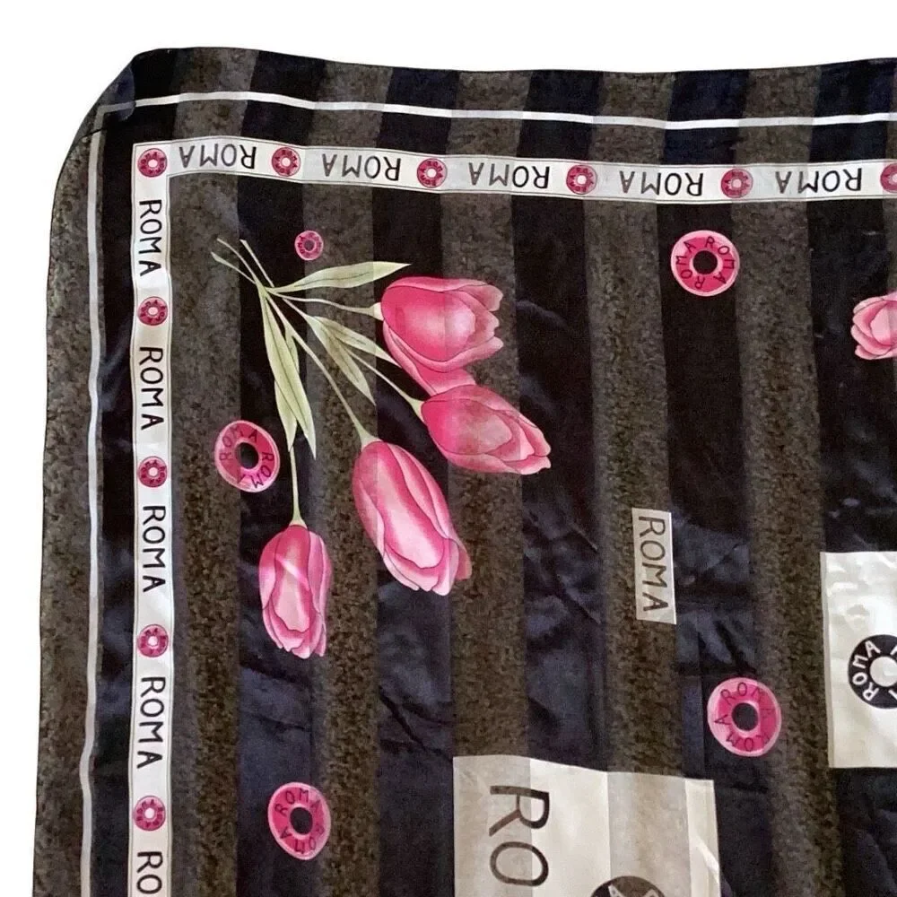 Vintage Roma Rome Souvenir Square Scarf 39” Black Pink Tulips